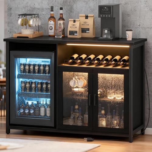 Home Bar Setup - ミニ冷蔵庫付きワインバーキャビネット、ブラックコーヒーバーキャビネット、収納ラック付きリカーキャビネット、サイドボード